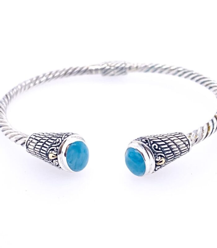 SS/18KT Sm Oval Larimar Thin Bali Bng