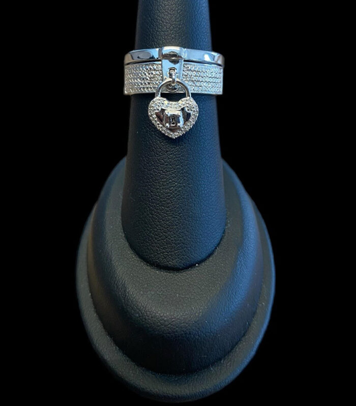 Sterling Silver Lock Heart Dangle 0.15cttw Diamond Ring