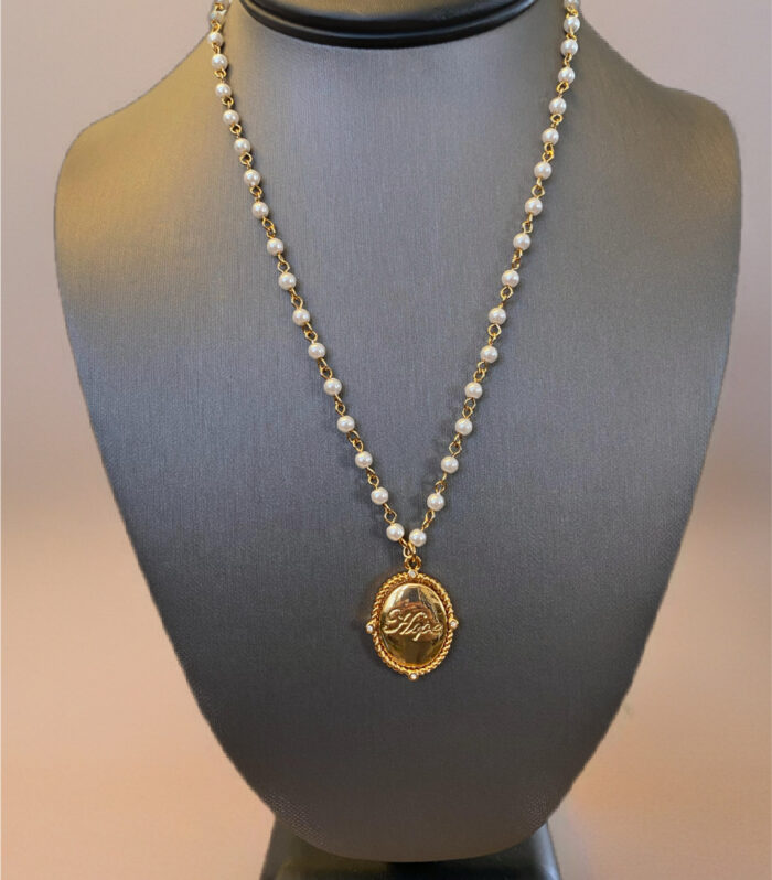 Stainless Steel Yellow Shell Pearl Necklace with Hope Medallion 18’’-20’’ Adjustable