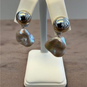 Sterling Silver 16-19mm Grey Baroque Pearl Dangle Earrings