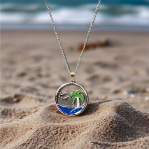 Sterling Silver Circle Seagull & Palm Oasis Necklace