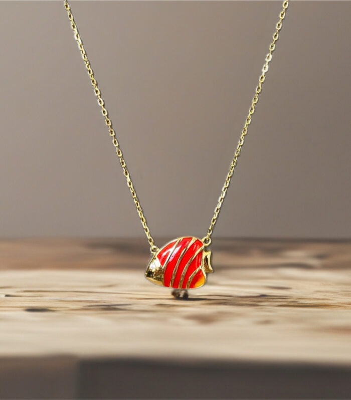 Sterling Silver Yellow Red Enamel with CZ Striped Fish Necklace