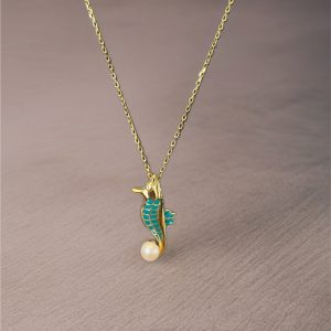 Sterling Silver Yellow Aqua Enamel Seahorse FWP & CZ Pendant