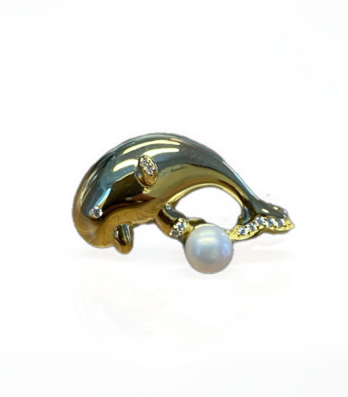 Sterling Silver Yellow Beluga Whale FWP & CZ Brooch Pin