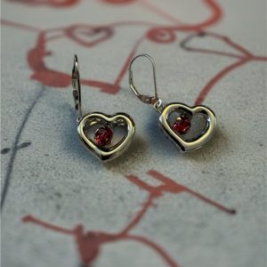 Sterling Silver Rhodium Pol Heart Red Gems in Motion Earrings