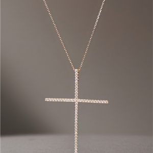 Sterling Silver Medium Pink CZ Cross with Chain