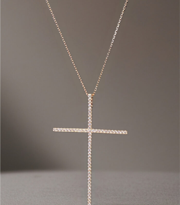Sterling Silver Medium Pink CZ Cross with Chain
