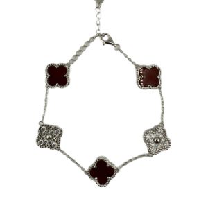 Sterling Silver White/Yellow 5-Clover Coral & CZ Bracelet