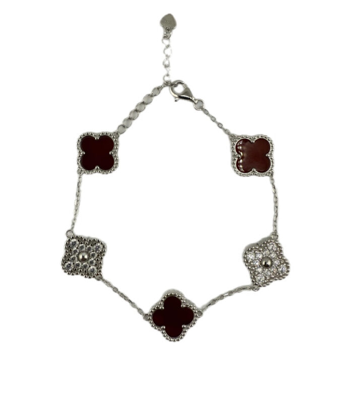 Sterling Silver White/Yellow 5-Clover Coral & CZ Bracelet