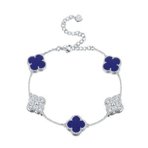 Sterling Silver White/Yellow 5-Clover Blue Lapis & CZ Bracelet