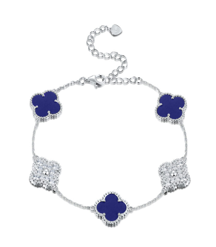 Sterling Silver White/Yellow 5-Clover Blue Lapis & CZ Bracelet