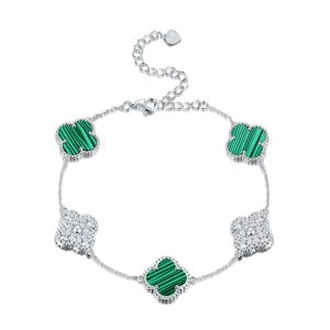 Sterling Silver White/Yellow 5-Clover Malachite & CZ Bracelet