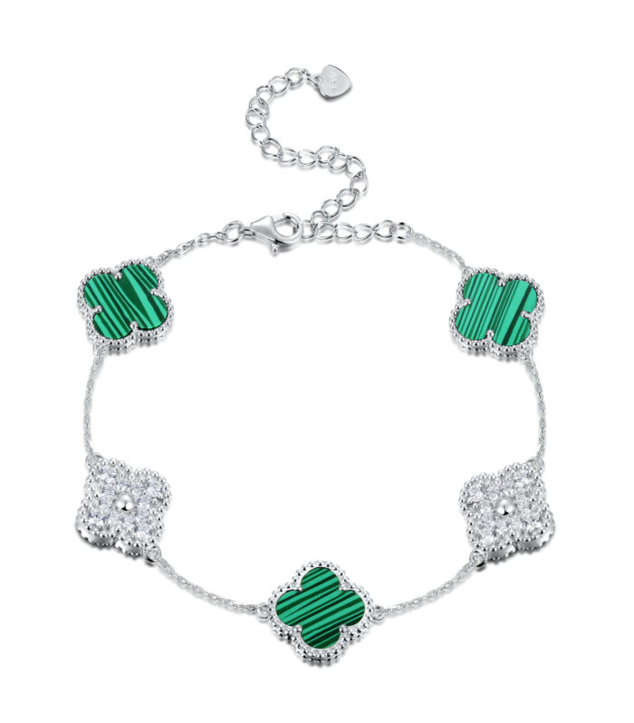 Sterling Silver White/Yellow 5-Clover Malachite & CZ Bracelet