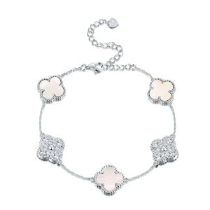 Sterling Silver White/Yellow 5-Clover Mother of Pearl & CZ Bracelet