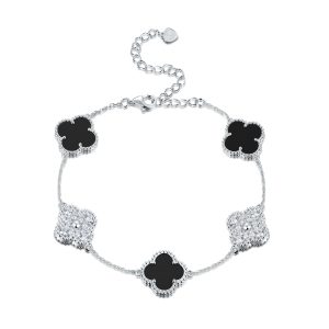 Sterling Silver White/Yellow 5-Clover Onyx & CZ Bracelet