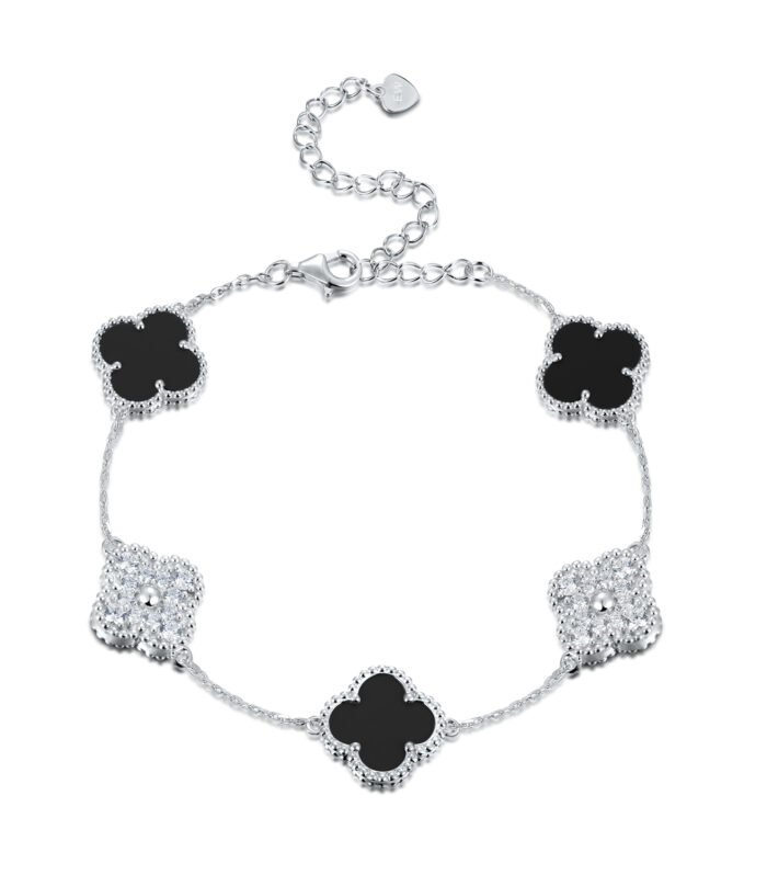 Sterling Silver White/Yellow 5-Clover Onyx & CZ Bracelet