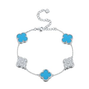 Sterling Silver White/Yellow 5-Clover Turquoise & CZ Bracelet