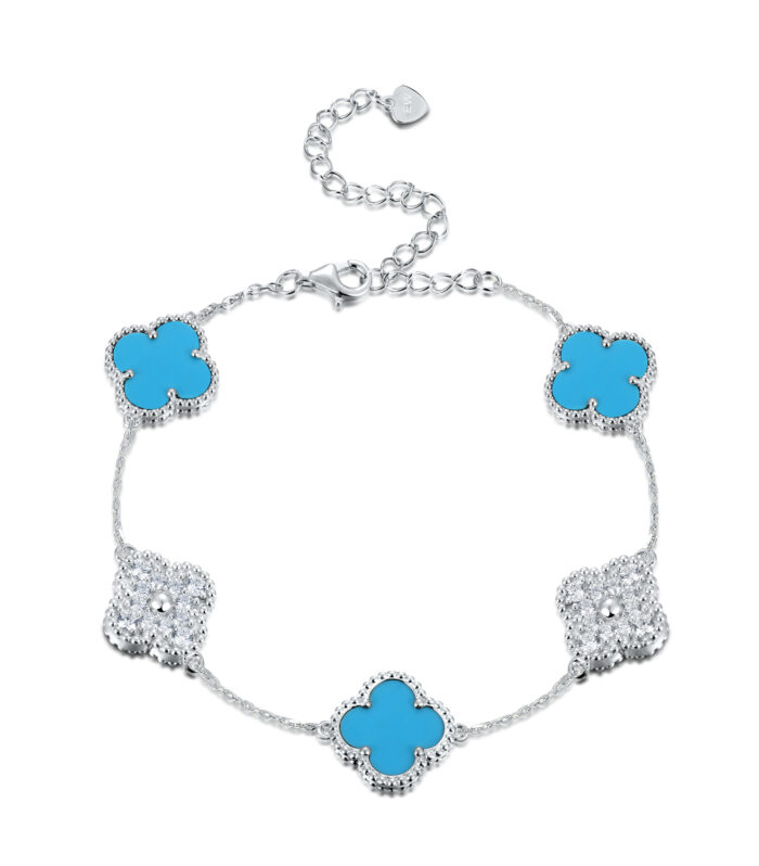 Sterling Silver White/Yellow 5-Clover Turquoise & CZ Bracelet