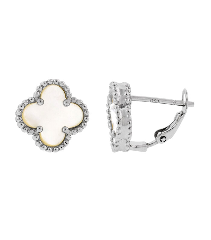 Sterling Silver White/Yellow Clover Mother of Pearl Studs Earrings