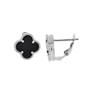 Sterling Silver White/Yellow Clover Onyx Studs Earrings