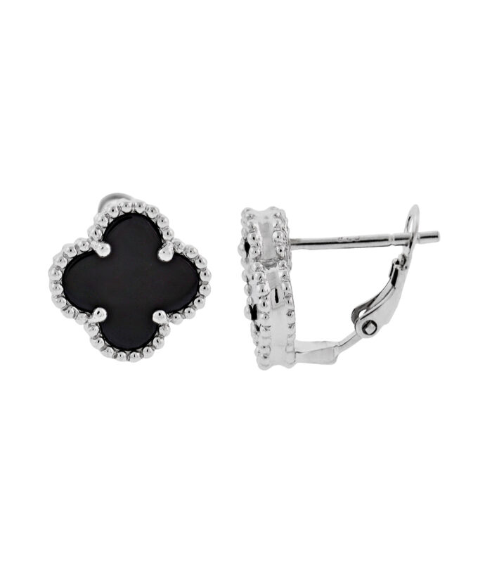Sterling Silver White/Yellow Clover Onyx Studs Earrings