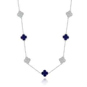 Sterling Silver White/Yellow Clover Blue Lapis & CZ 36'' Necklace