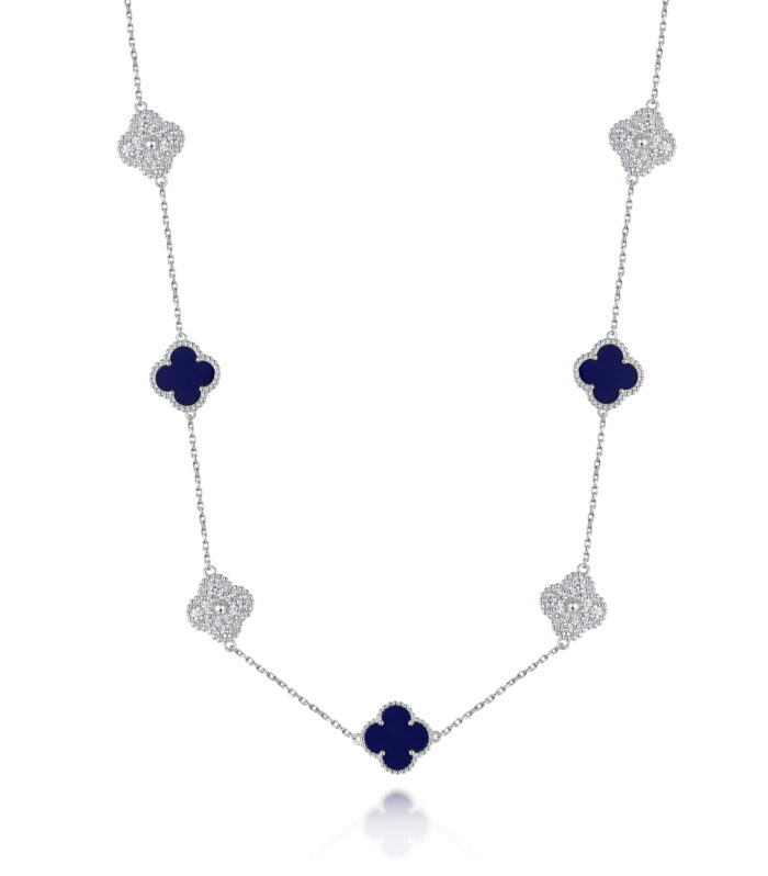 Sterling Silver White/Yellow Clover Blue Lapis & CZ 36'' Necklace