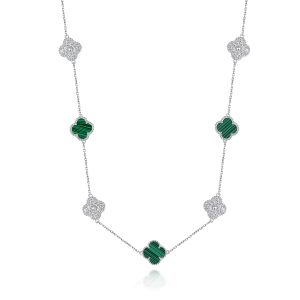 Sterling Silver White/Yellow Clover Malachite & Cz 36'' Necklace