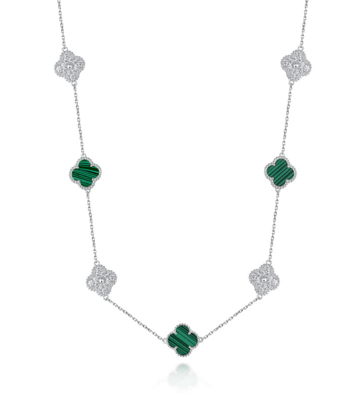Sterling Silver White/Yellow Clover Malachite & Cz 36'' Necklace