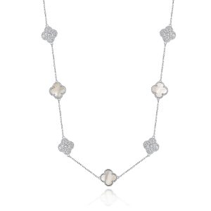 Sterling Silver White/Yellow Clover Mother of Pearl & CZ 36'' Necklace