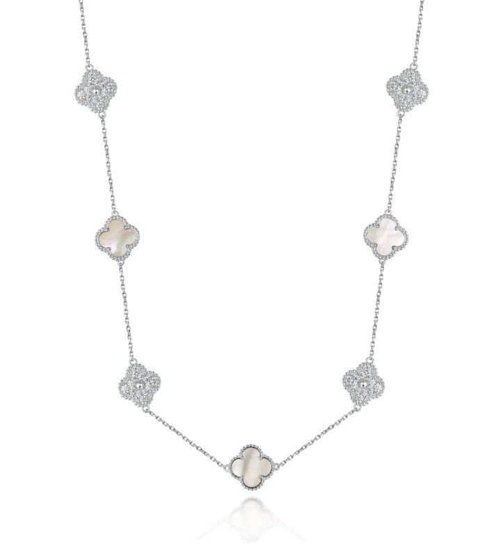 Sterling Silver White/Yellow Clover Mother of Pearl & CZ 36'' Necklace