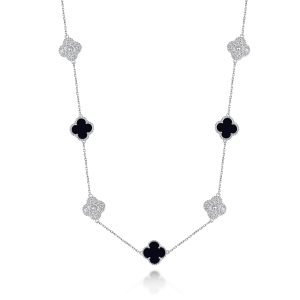 Sterling Silver White/Yellow Clover Onyx & CZ 36'' Necklace