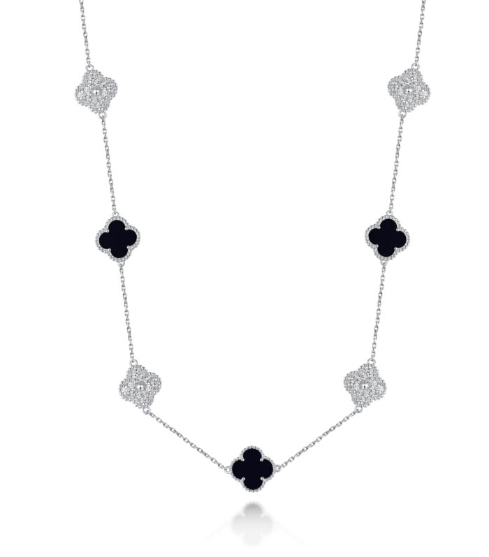 Sterling Silver White/Yellow Clover Onyx & CZ 36'' Necklace