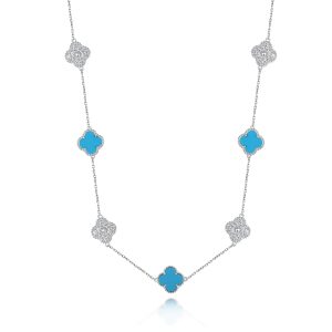 Sterling Silver White/Yellow Clover Turquoise & CZ 36'' Necklace