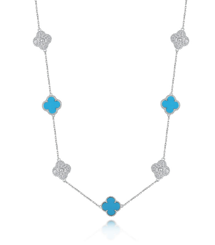 Sterling Silver White/Yellow Clover Turquoise & CZ 36'' Necklace
