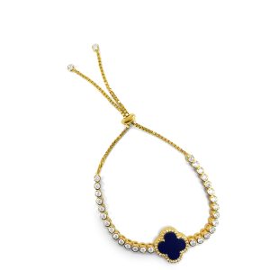 Sterling Silver White/Yellow Clover Blue Lapis Adjustable Bracelet