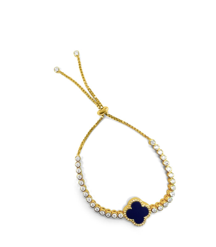 Sterling Silver White/Yellow Clover Blue Lapis Adjustable Bracelet