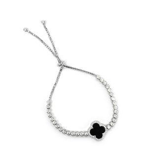 Sterling Silver White/Yellow Clover Onyx Adjustable Bracelet