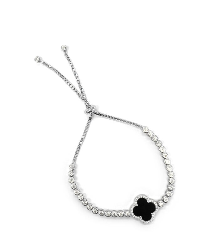 Sterling Silver White/Yellow Clover Onyx Adjustable Bracelet