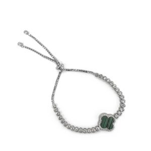 Sterling Silver White/Yellow Clover Malachite Adjustable Bracelet
