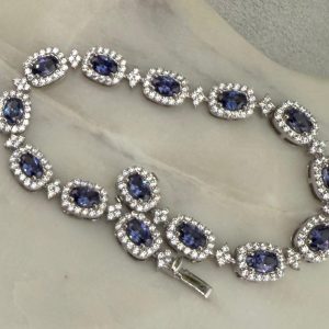 Sterling Silver Oval Created Ceylon Sapphire & CZ Halo Bracelet