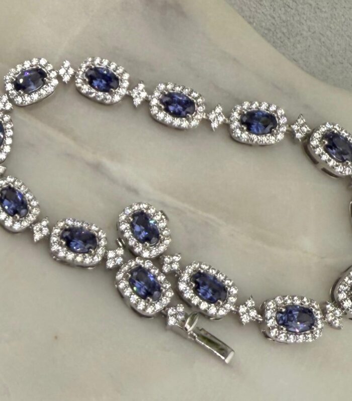 Sterling Silver Oval Created Ceylon Sapphire & CZ Halo Bracelet