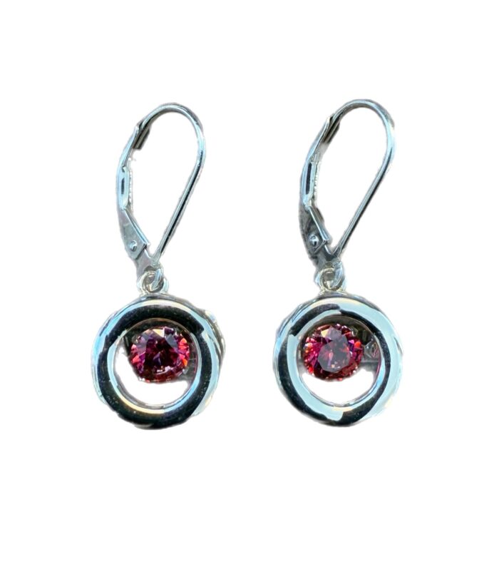 Sterling Silver Rhodium Pol Circle Red Gems in Motion Earrings