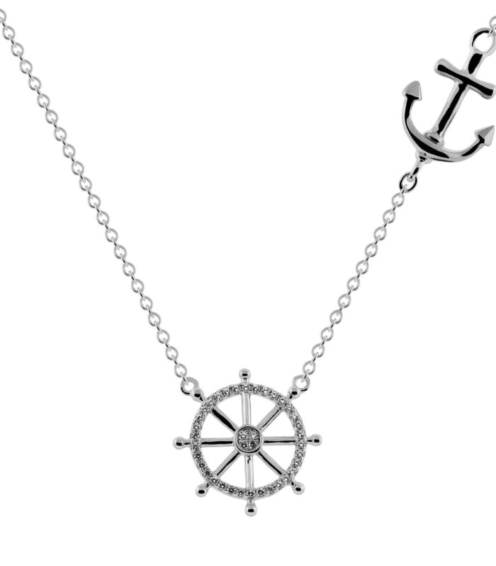 White CZ Steering Wheel & Anchor Hang Tag Charm Necklace