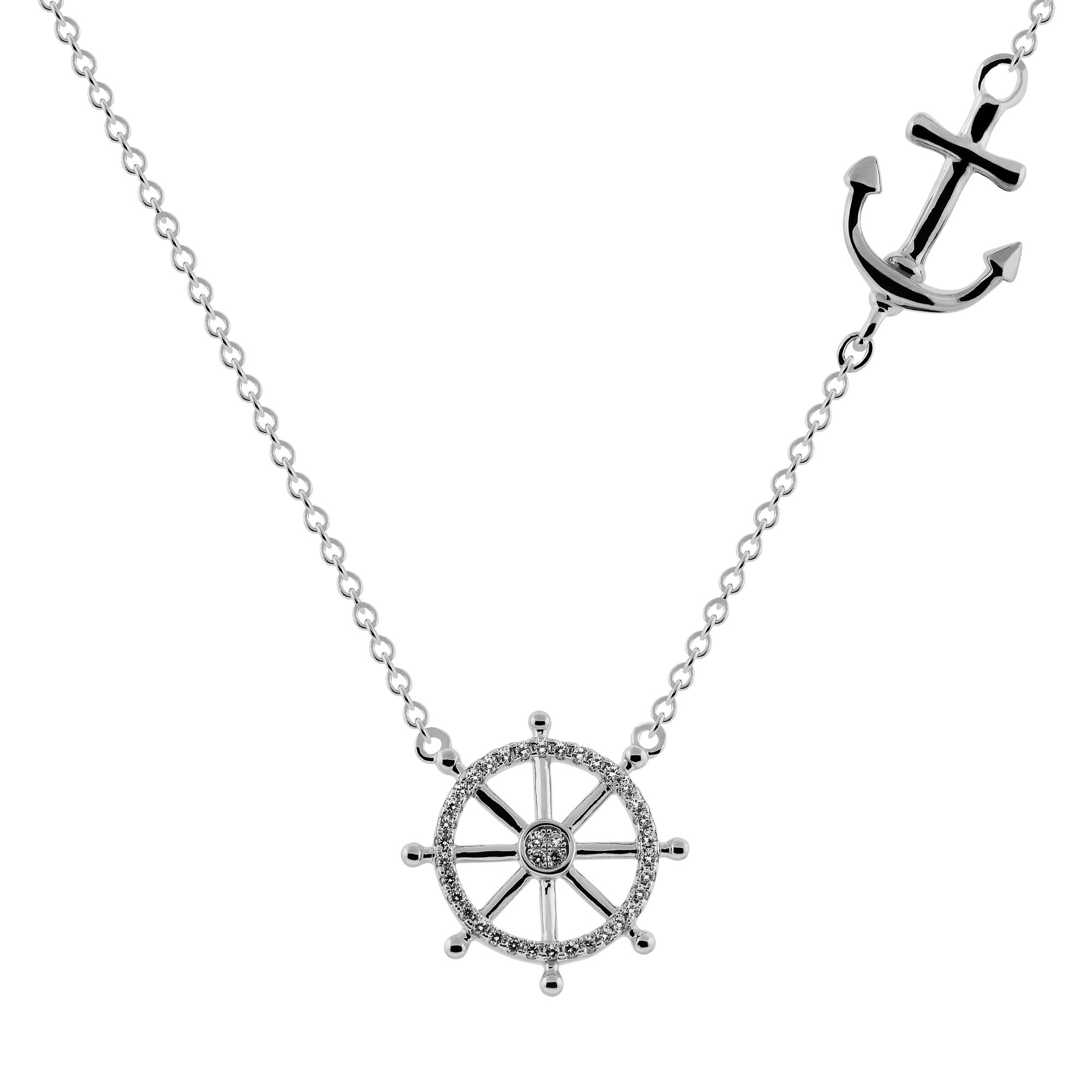 White CZ Steering Wheel & Anchor Hang Tag Charm Necklace