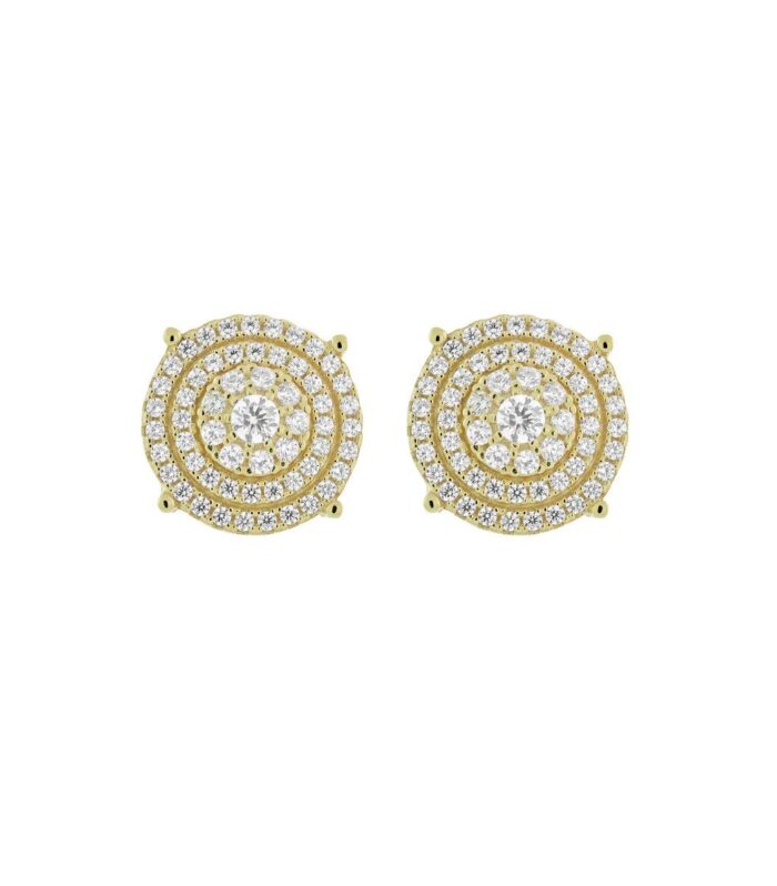 CZ Three Row Circle Post Earring-Yellow