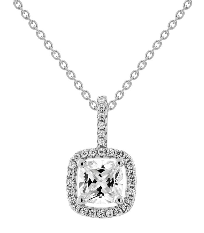 6mm Square CZ Solo with Border Pendant Necklace-White