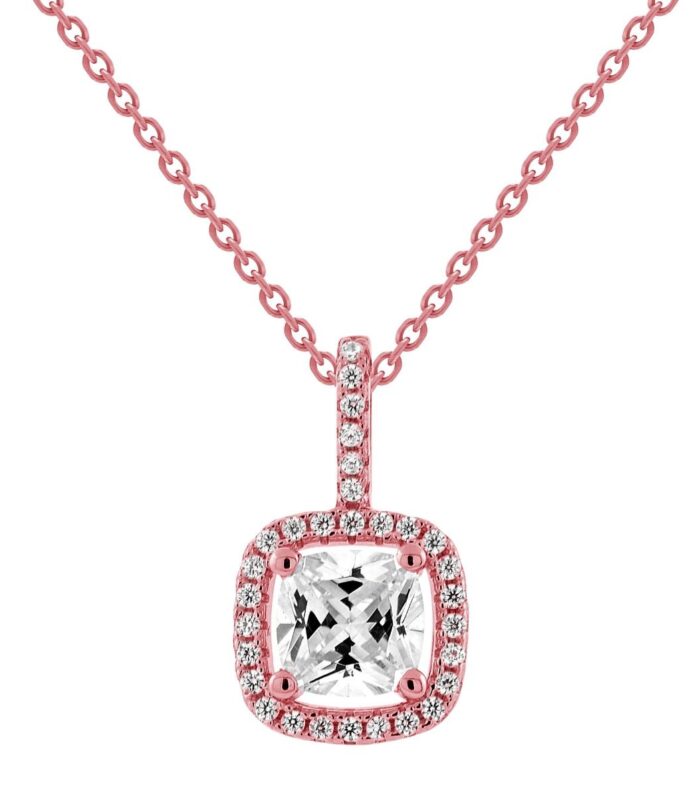 6mm Square CZ Solo with Border Pendant Necklace-White-Pink
