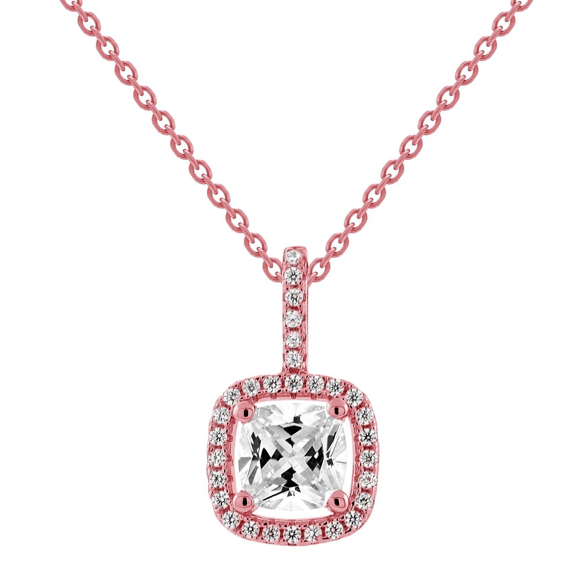6mm Square CZ Solo with Border Pendant Necklace-White-Pink