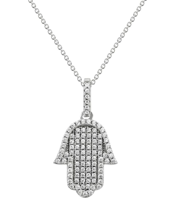 Micro Pave White CZ Hamsa with Border Pendant Necklace
